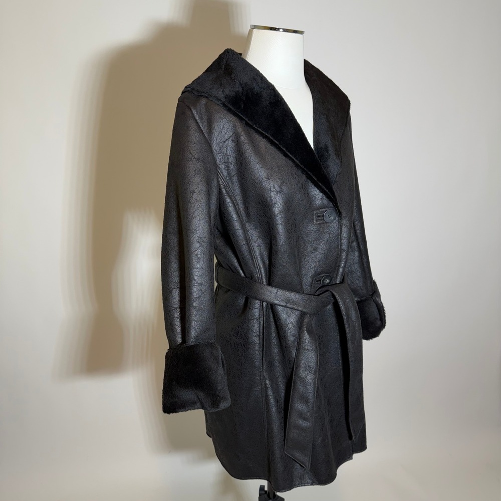 Calvin Klein Faux Suede/Shearling Fur Lined Trench Coat Belted Womens XS Black - Picture 2 of 12